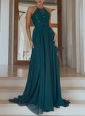 A-Line Halter Sleeveless Sweep Train Sequined Evening Dresses