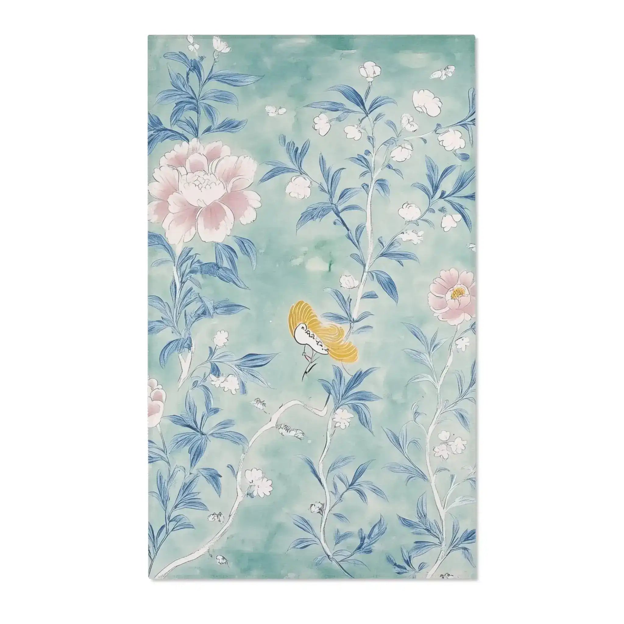 Floral Bird Accent Rug with Soft Blue and Pink Design