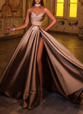 A-Line Sweetheart Floor-Length Satin Prom Dress With High Split