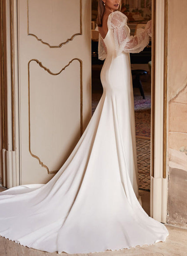 Trumpet/Mermaid Square Neckline Elastic Satin Wedding Dresses With Lace