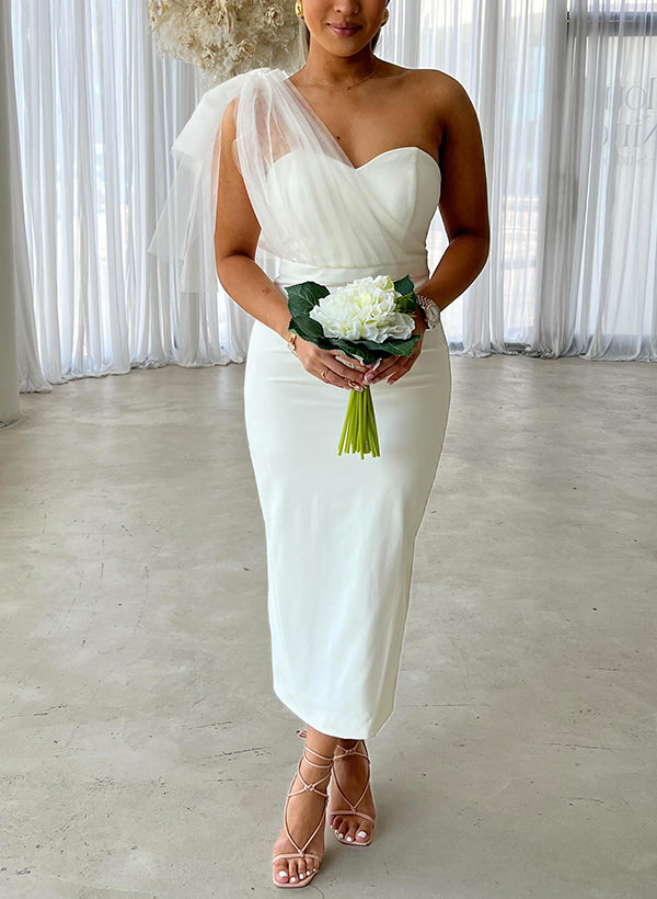 Sheath/Column One-Shoulder Sleeveless Tea-Length Elastic Satin Bridesmaid Dresses