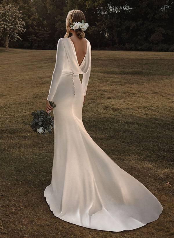 Simple Trumpet/Mermaid Cowl Back Long Sleeves Wedding Dresses With Sweep Train