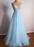 A-Line V-Neck Sleeveless Floor-Length Tulle Prom Dresses