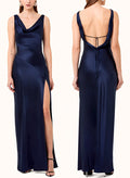Sheath/Column Cowl Neck Silk Like Satin Prom Dresses With High Split