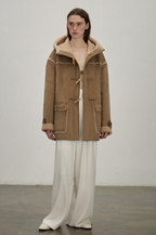 Quartet Short Wool Artificial Compositesuede Hooded Shearling Jacket