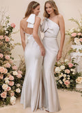 Sheath/Column One-Shoulder Sleeveless Silk Like Satin Bridesmaid Dresses With Bow(s)