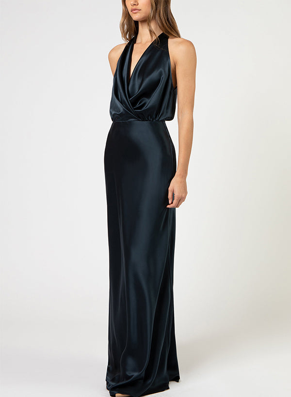 Sheath/Column Cowl Neck Sleeveless Floor-Length Acetate Satin Prom Dresses