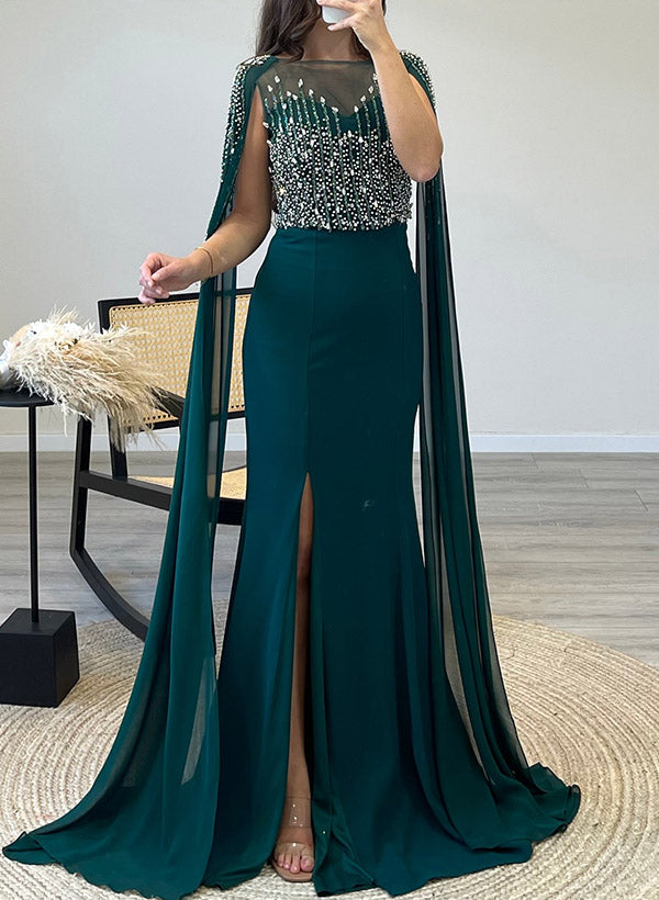 Sparkly Beading Sheath/Column Illusion Neck Evening Dresses