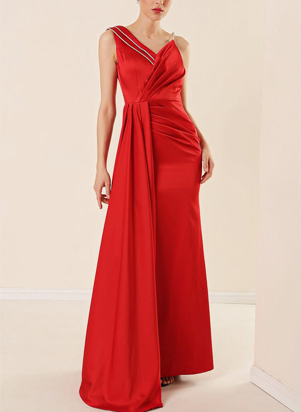 Sheath/Column V-Neck Sleeveless Stretch Satin Evening Dresses With High Split
