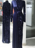 Sheath/Column High Neck Long Sleeves Velvet Sequin Evening Dresses