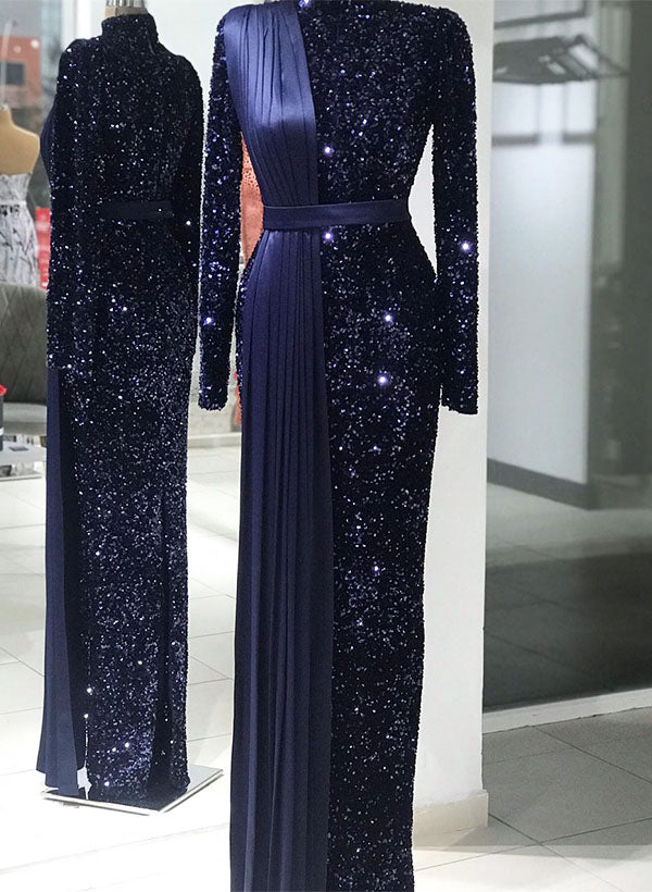 Sheath/Column High Neck Long Sleeves Velvet Sequin Evening Dresses