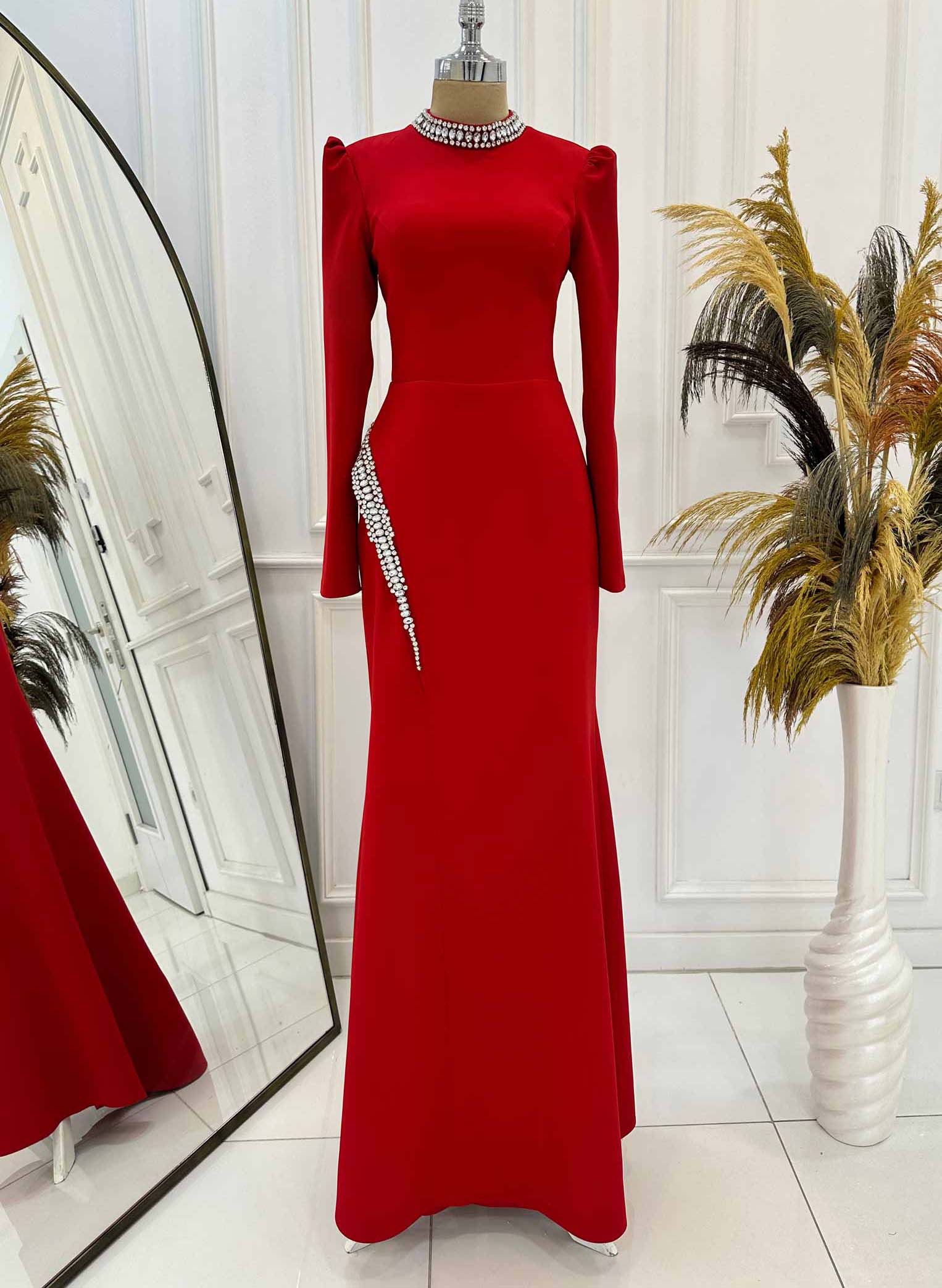Sheath/Column High Neck Long Sleeves Elastic Satin Evening Dresses