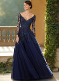 A-Line V-Neck Elegant Long Sleeves Tulle/Lace Mother Of The Bride Dresses