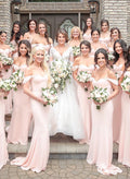 Sheath/Column Off-The-Shoulder Sweep Train Jersey Bridesmaid Dresses