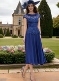 A-Line Scoop Neck Short Sleeves Tea-Length Chiffon/Lace Cocktail Dresses With Lace