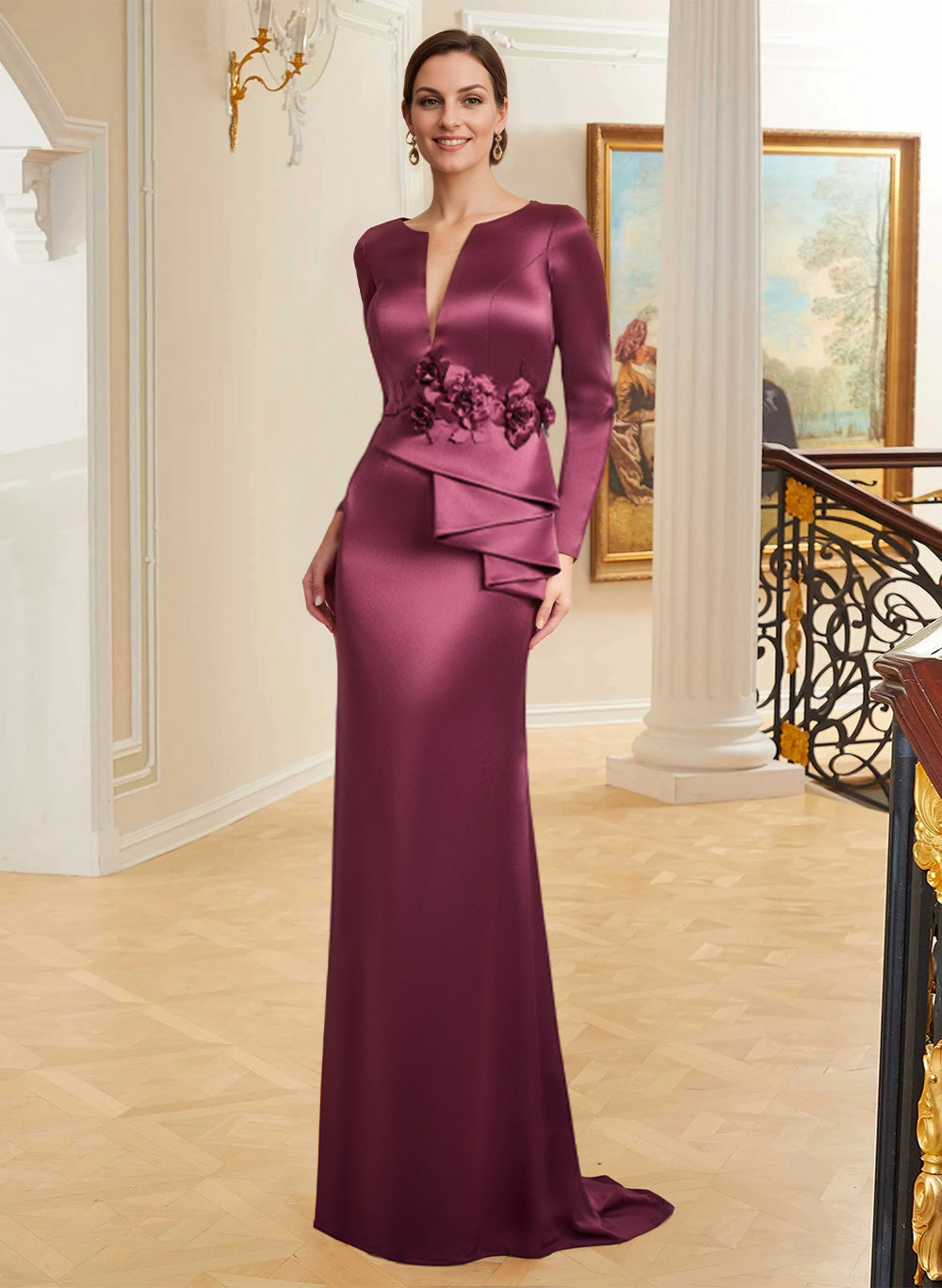 Sheath/Column Long Sleeves Acetate Satin Mother Of The Bride Dresses With Flower(s)