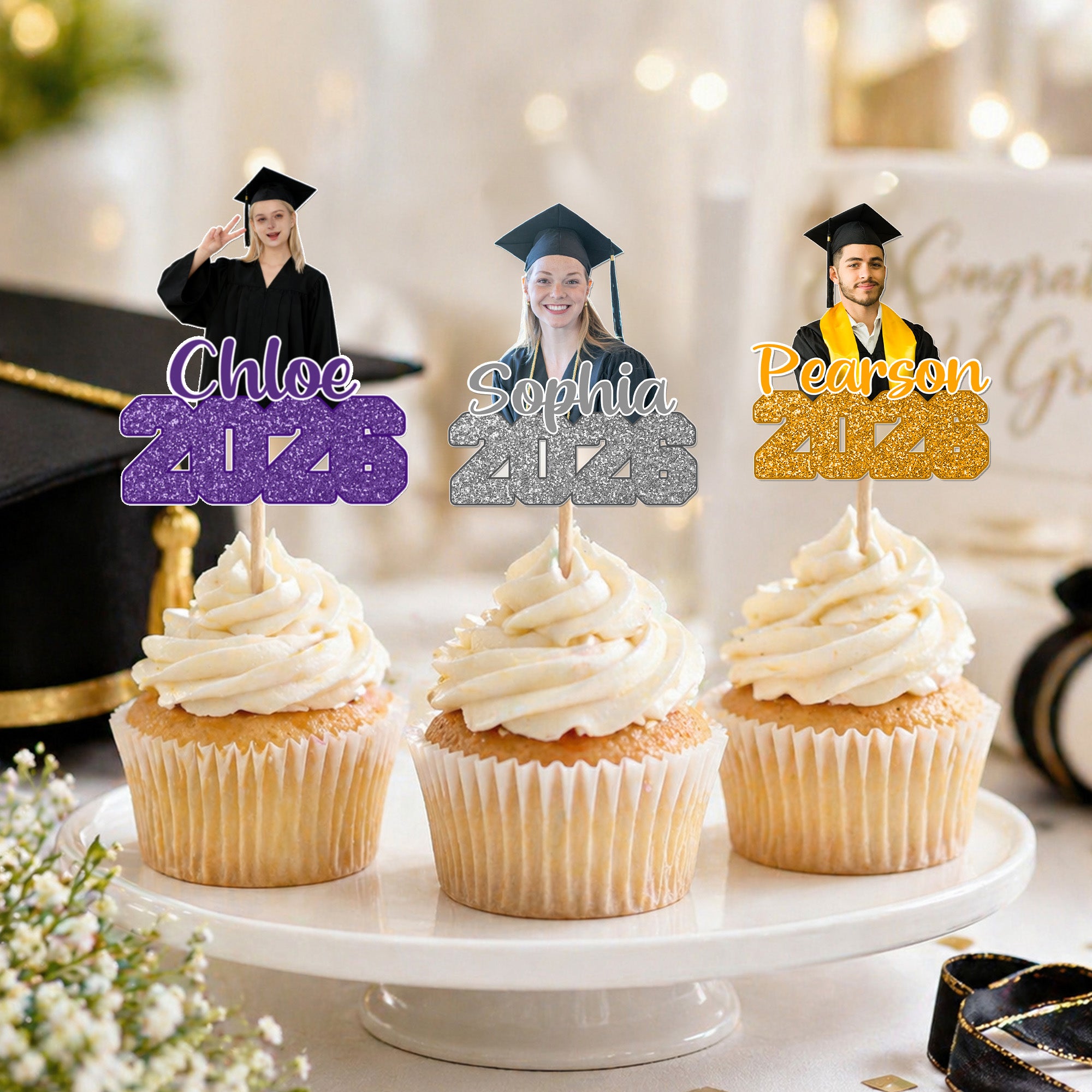 Foto multicolor personalizada Cupcake Topper con nombre y año Decoración para tarta Regalo de graduación para amigo graduado