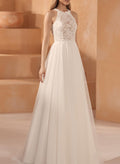 A-Line Halter Sleeveless Lace/Tulle Wedding Dresses With Appliques Lace