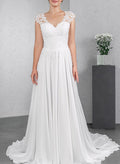 A-Line V-Neck Sleeveless Chiffon Wedding Dresses With Lace
