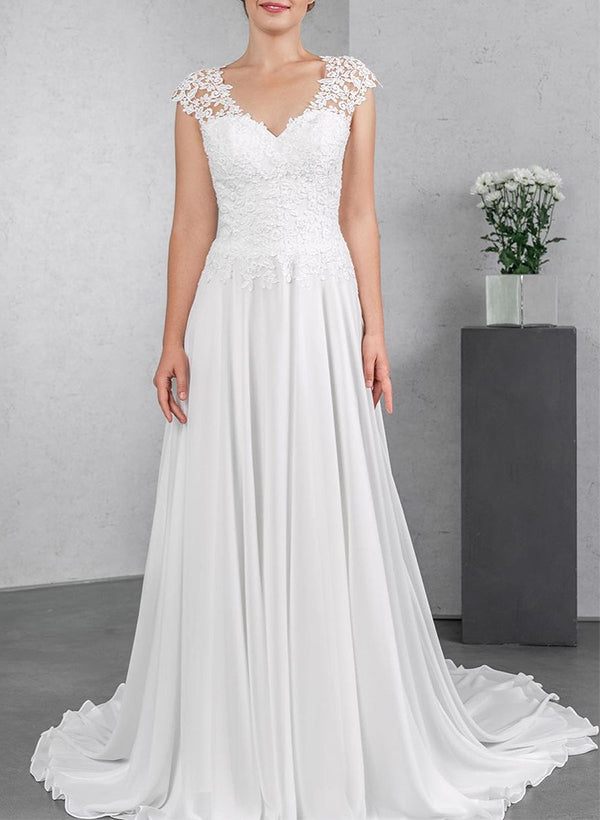 A-Line V-Neck Sleeveless Chiffon Wedding Dresses With Lace