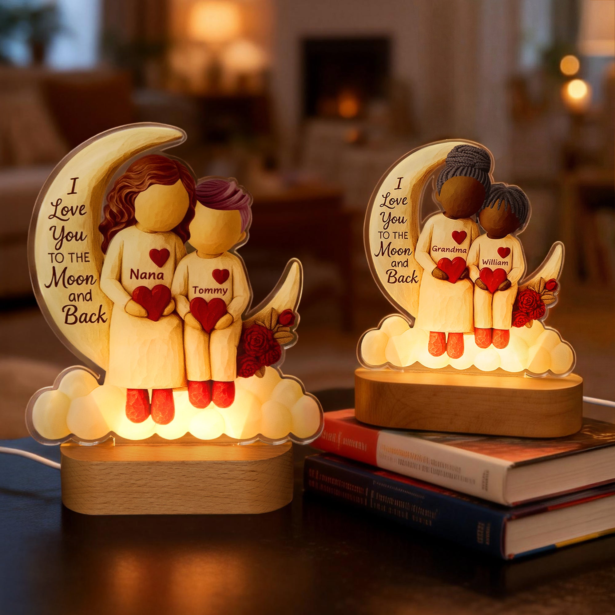 Personaje de dibujos animados personalizado Luna Corazón acrílico LED Luz de Noche con Nombre y Base de Madera Decoración de la Habitación Regalo de Cumpleaños para Niño Abuela