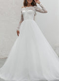 A-Line Off-The-Shoulder Long Sleeves Lace/Tulle Wedding Dresses With Appliques Lace