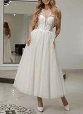 A-Line V-Neck Sleeveless Ankle-Length Tulle Wedding Dresses With Sequins/Lace