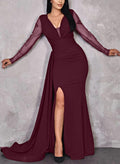 Trumpet/Mermaid V-Neck Long Sleeves Elastic Satin Evening Dresses With Lace