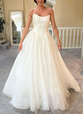A-Line Strapless Sleeveless Sweep Train Tulle Wedding Dresses