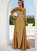 A-Line One-Shoulder Sleeveless Floor-Length Prom Dresses With Split Front