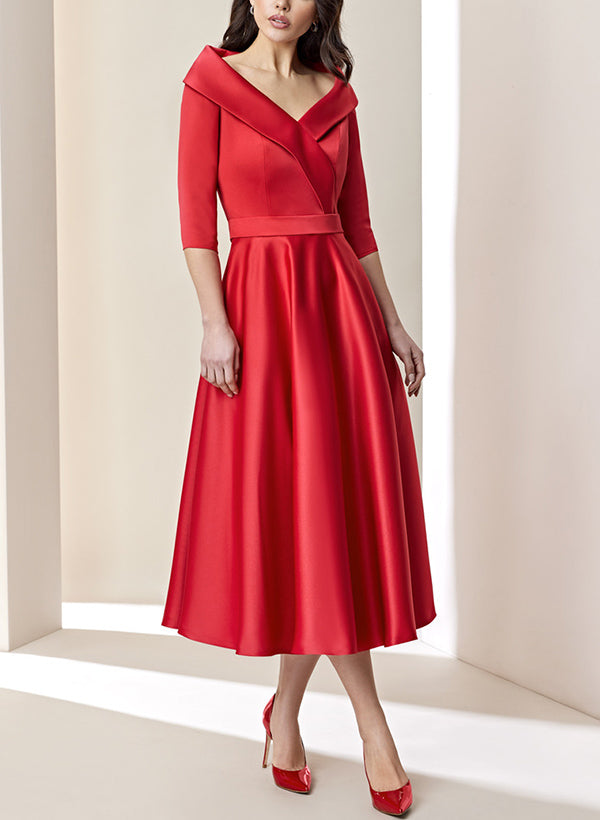 A-Line V-Neck 3/4 Sleeves Tea-Length Satin Cocktail Dresses