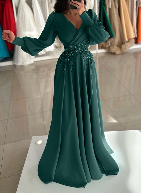 A-Line V-Neck Long Sleeves Floor-Length Chiffon Prom Dresses With Rhinestone