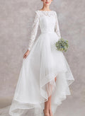 A-Line Illusion Neck Long Sleeves Detachable Lace Wedding Dresses
