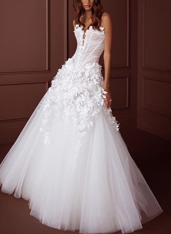 A-Line Strapless Sleeveless Floor-Length Tulle Wedding Dresses With Flower(s)