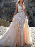 Sheath/Column Illusion Neck Lace/Tulle Wedding Dresses With Appliques Lace