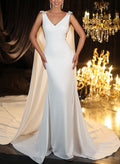 Sheath/Column V-Neck Sleeveless Matte Satin Wedding Dresses With Rhinestone