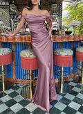 Sheath/Column Cowl Neck Sleeveless Silk Like Satin Bridesmaid Dresses With Split Front/Bow(s)
