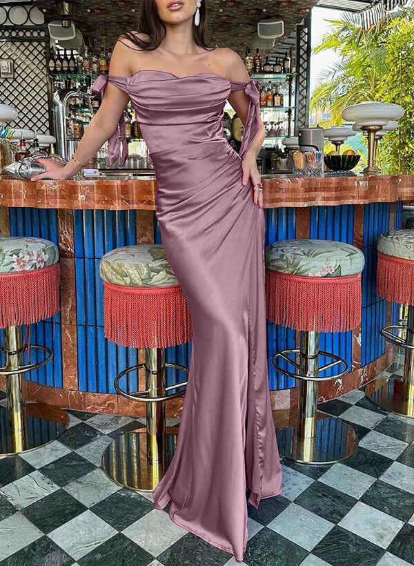 Sheath/Column Cowl Neck Sleeveless Silk Like Satin Bridesmaid Dresses With Split Front/Bow(s)