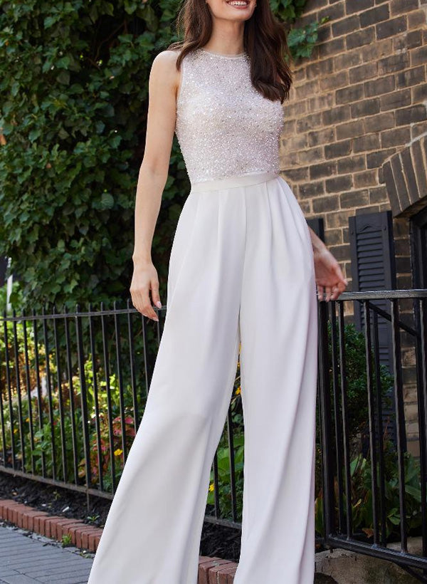Pantsuit Scoop Neck Italian Satin/Sequined Wedding Dresses
