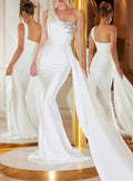 Trumpet/Mermaid One-Shoulder Silk Like Satin Prom Dresses With Sequins