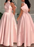A-Line Halter Sleeveless Floor-Length Satin Bridesmaid Dresses With Bow(s)