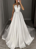 A-Line V-Neck Sleeveless Court Train Matte Satin Wedding Dresses