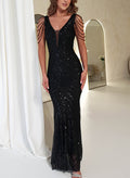 Sheath/Column V-Neck Sleeveless Sequined Prom Dresses With Beading