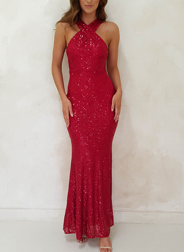 Sheath/Column Halter Sleeveless Sequined Prom Dresses With Back Hole