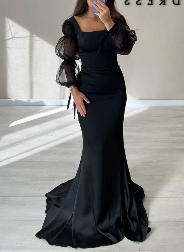 Trumpet/Mermaid Square Neckline Long Sleeves Sweep Train Tulle/Acetate SatinEvening Dresses