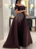 A-Line Off-The-Shoulder Sleeveless Satin Prom Dresses With Sequins