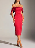 Sheath/Column Off-The-Shoulder Sleeveless Tea-Length Satin Cocktail Dresses