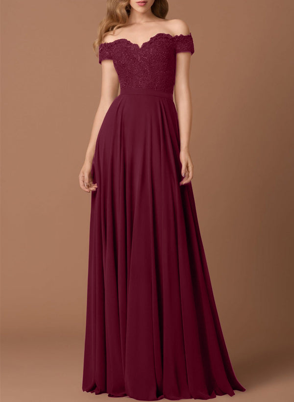 A-Line Off-The-Shoulder Sleeveless Chiffon Bridesmaid Dresses With Lace