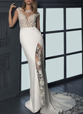 Trumpet/Mermaid Illusion Neck Short Sleeves Court Train Lace/Elastic Satin Wedding Dresses With High Split