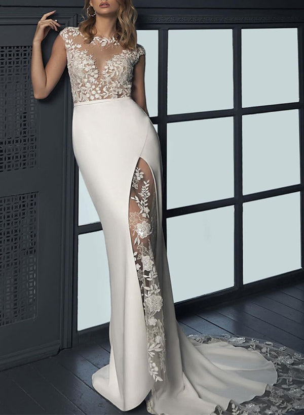 Trumpet/Mermaid Illusion Neck Short Sleeves Court Train Lace/Elastic Satin Wedding Dresses With High Split